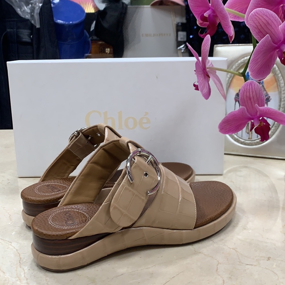 CHLOE LEATHER EMBOSSED NOUGAT COLOR BIRKENSTOCK DESIGN LUXURY SANDALS EU 38 - Picture 5 of 12